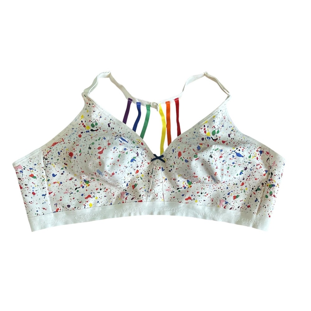 Cacique Paint Splatter Rainbow Strap Unlined No-Wire Bra 54D White NWOT